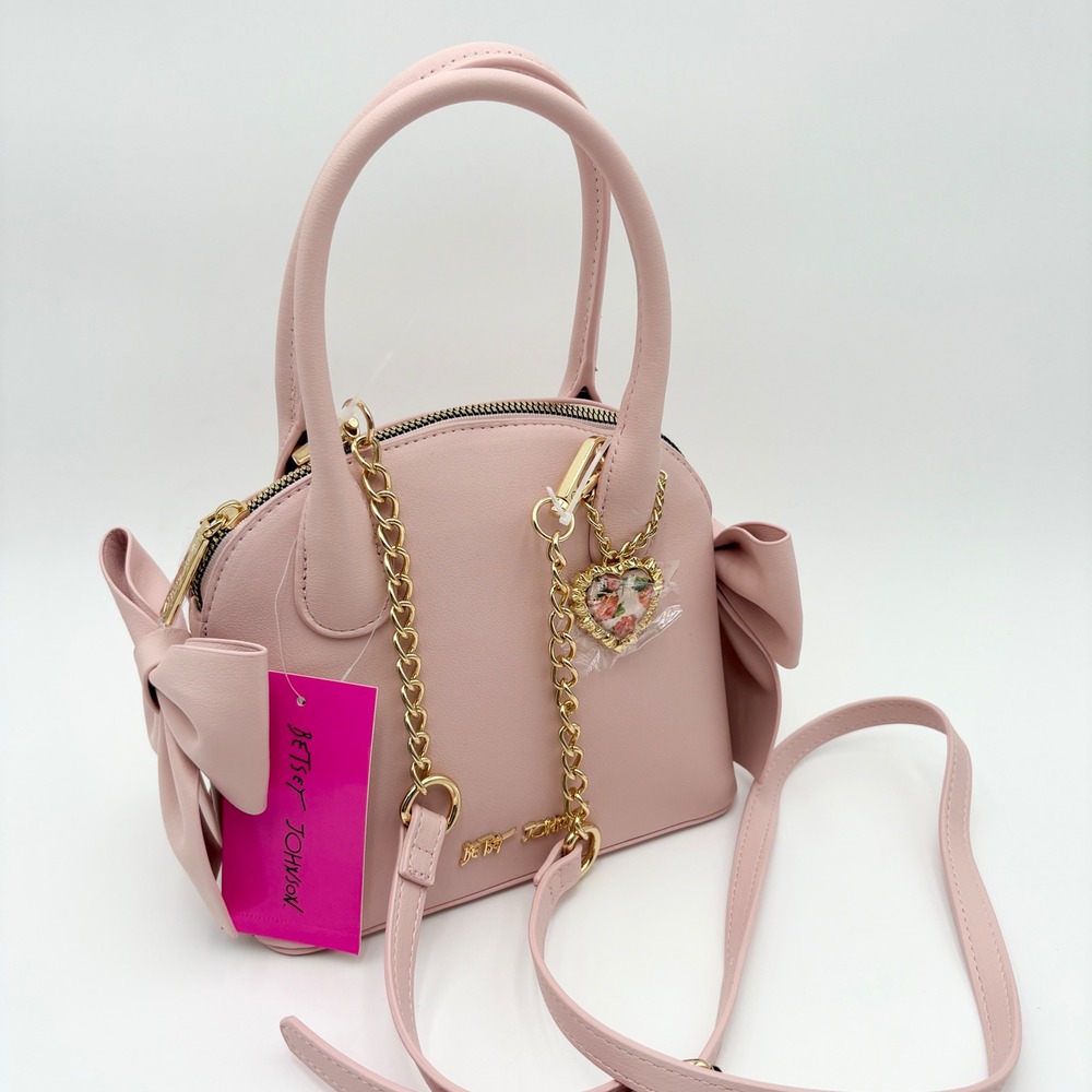 BETSEY JOHNSON Dome Satchel Coquette Bow Crossbody‎ Bag Purse Pink Heart Charm